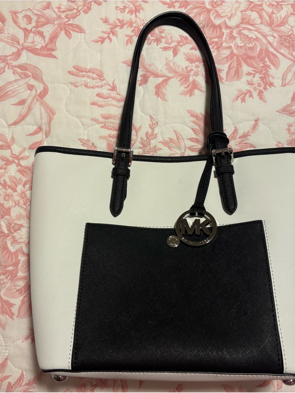 Michael Kors Black and White Leather Tote with MK Charm